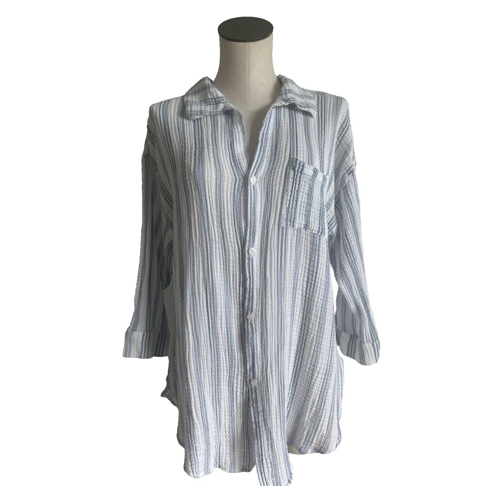 Kona Sol Blue & White Striped Gauze Shirt Coastal Beach Cover Up Button Down L